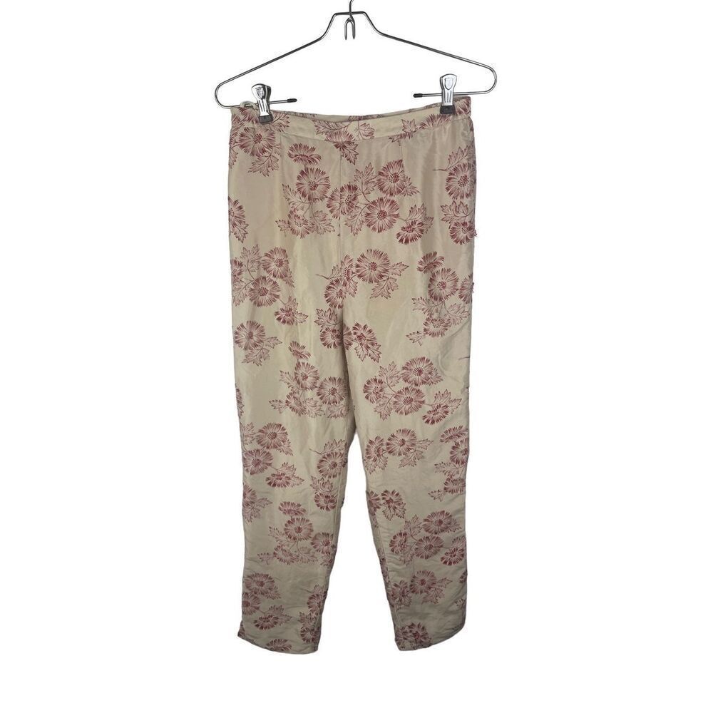 Adrianna Papell Petites Size 10 Cream‎ Red Beaded Floral Ankle Pants 100% Silk